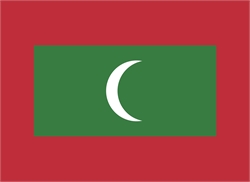 [ai] The national flag of Maldives featuring a green rectangle in the center, with a white crescent moon, and bordered by red on the top and bottom.